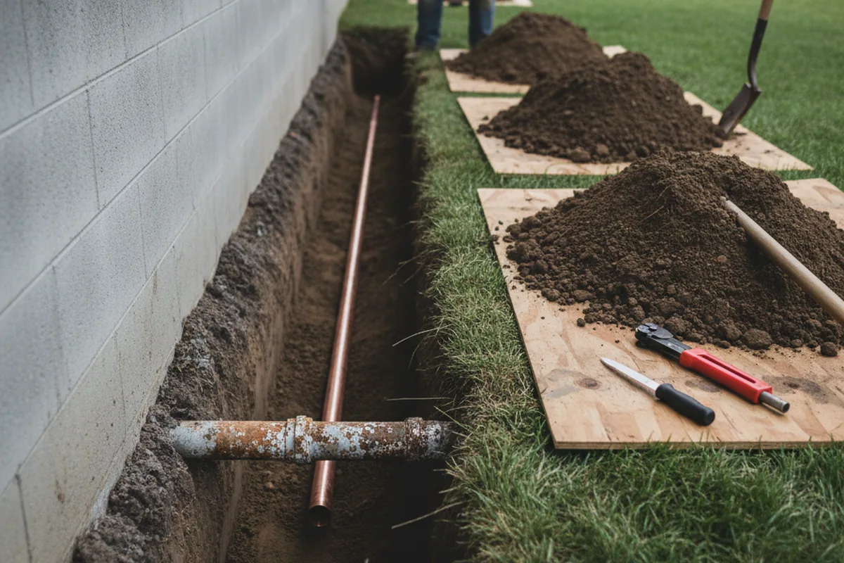 Excavated water line trench during Water Heater Repair in War